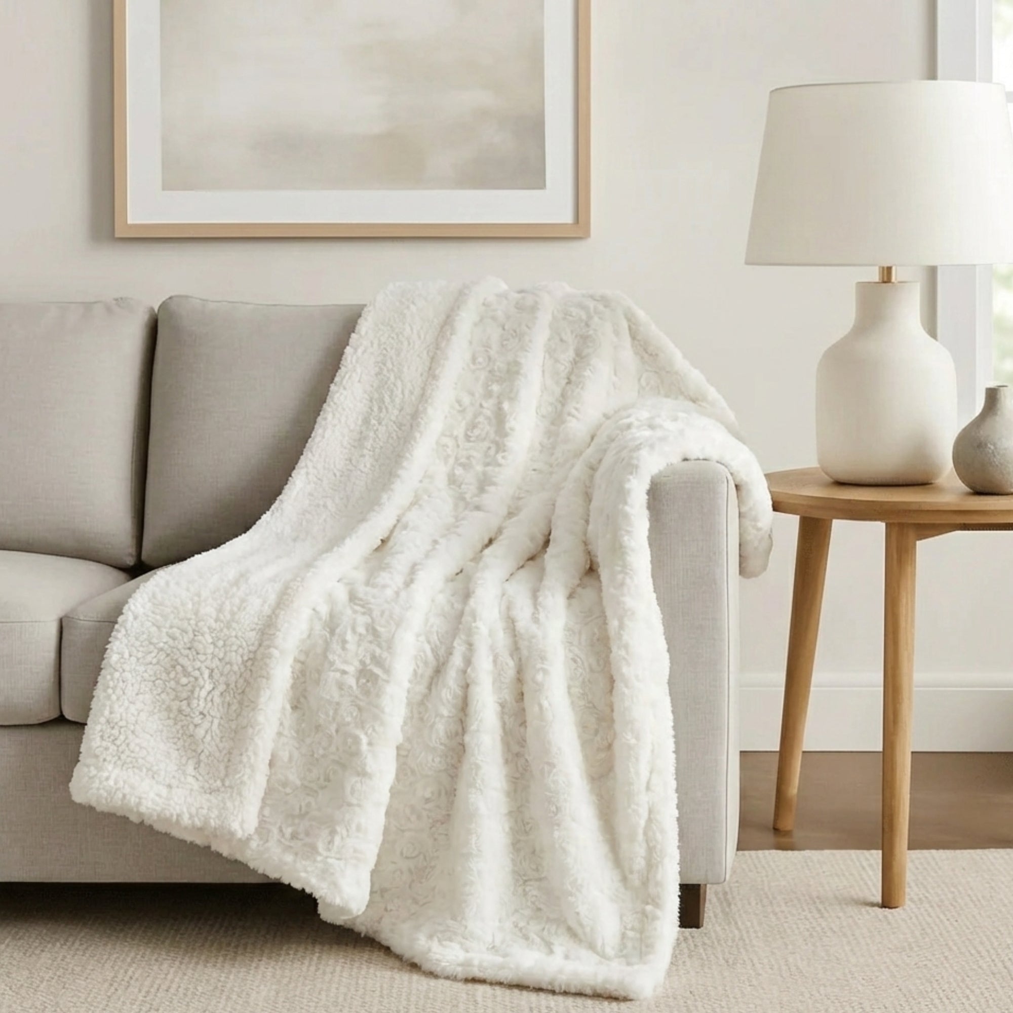 Luxury White Roses Fluffy Soft Sherpa Backside Faux Fur Throw Blanket (K11)