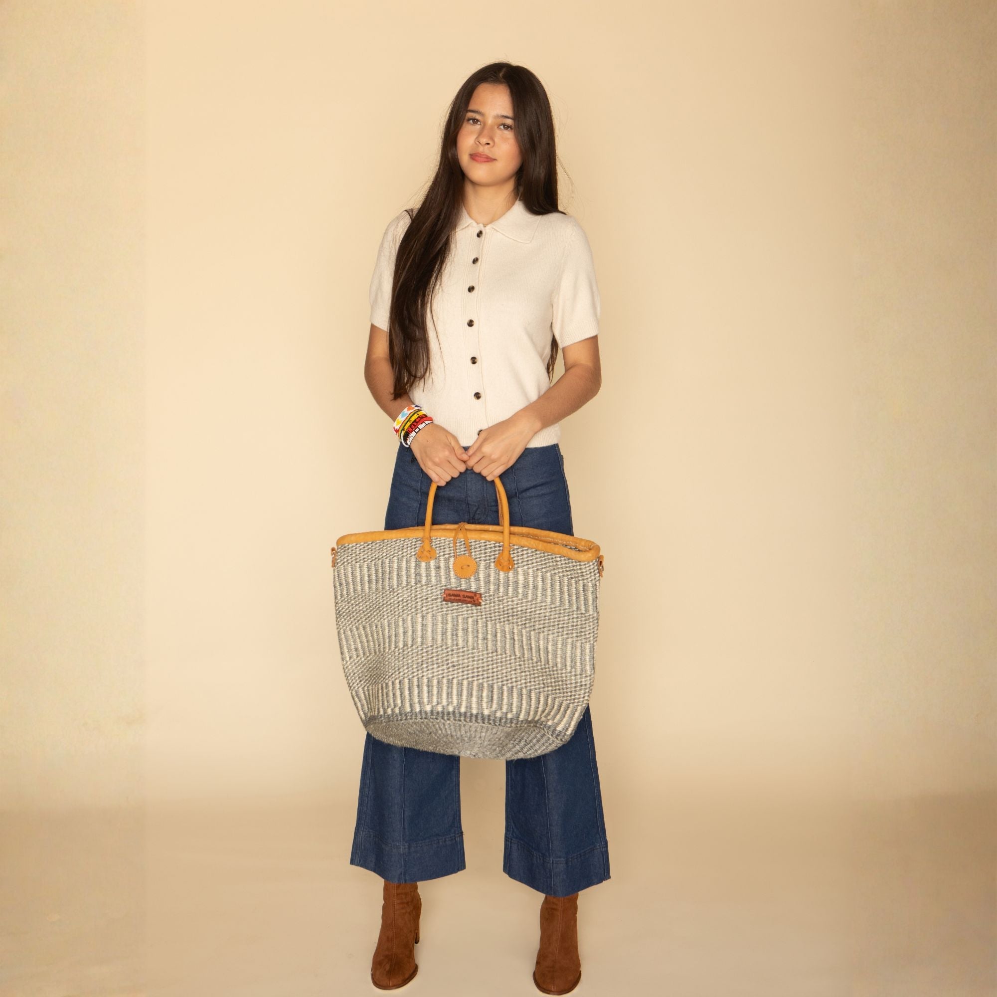 Ash Wisdom Striped Handwoven Sisal Straw Basket Tote - Handwoven Kenya