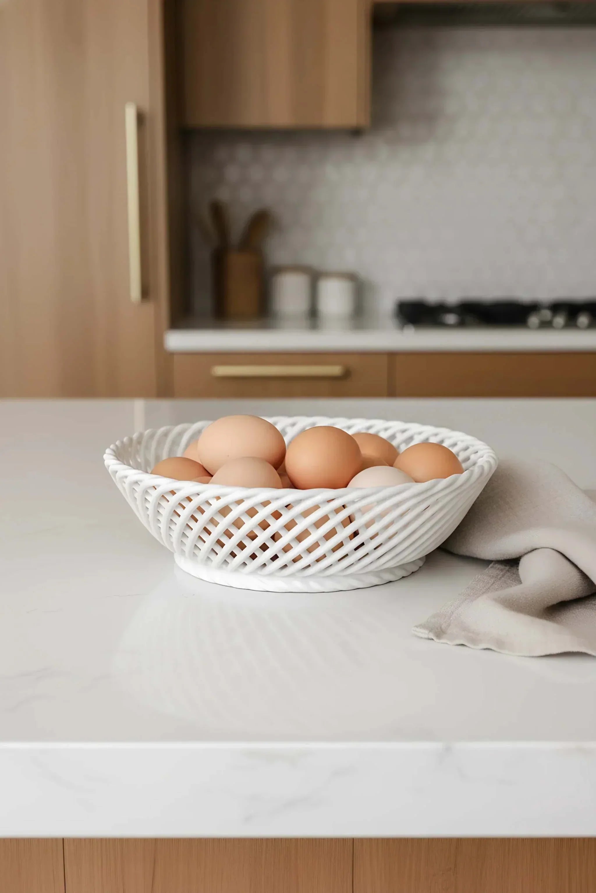 Ceramic Round Hand-Woven Basket – White, Beige & Pink Glazed Porcelain