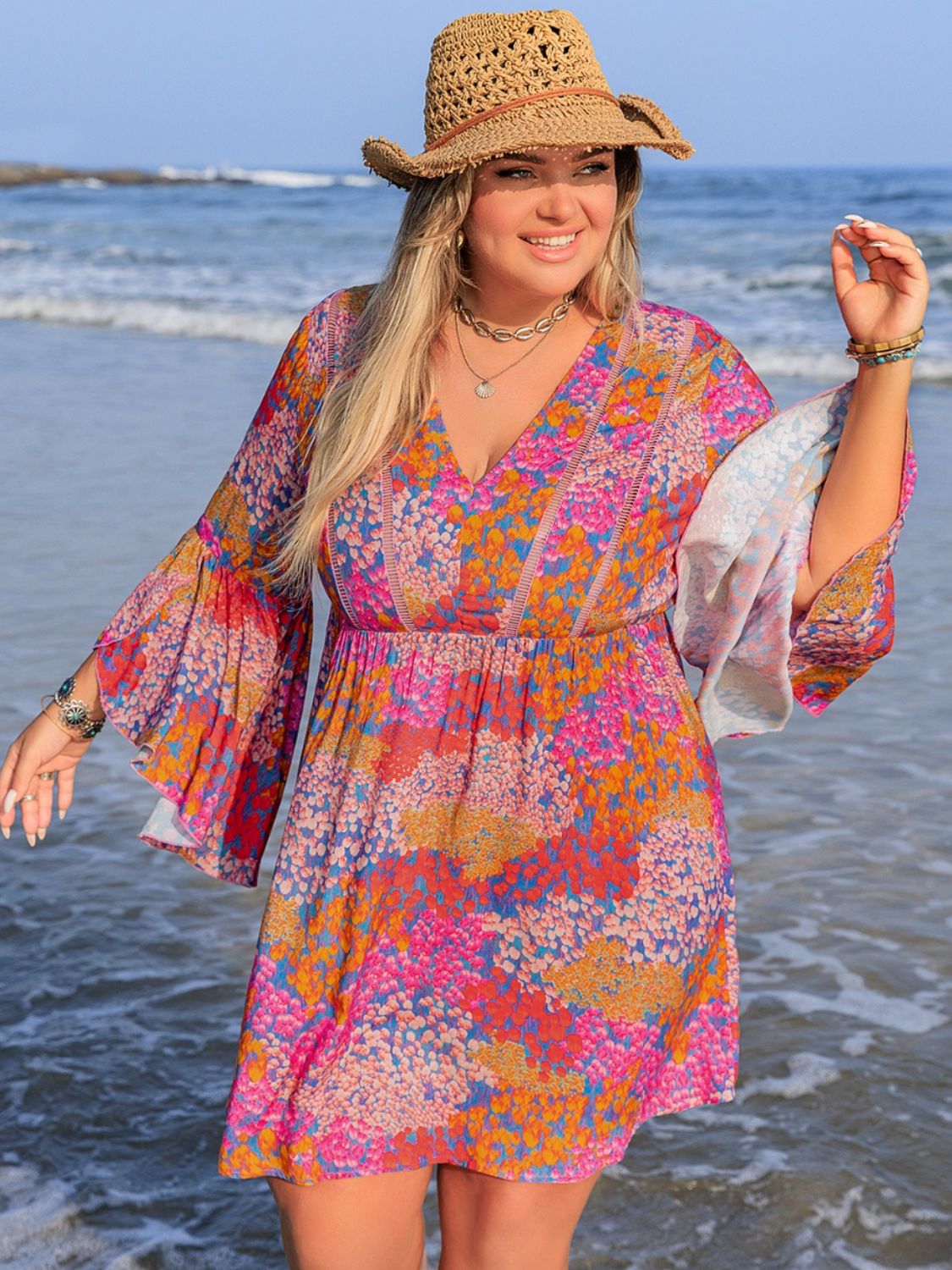 Plus Size Ruched Printed Long Sleeve Beach Dress Scarlet 1XL