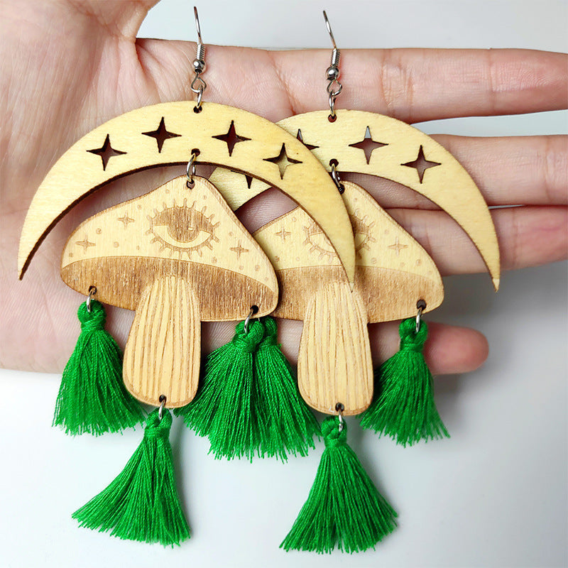 Moon & Mushroom Tassel Boho Dangle Earrings