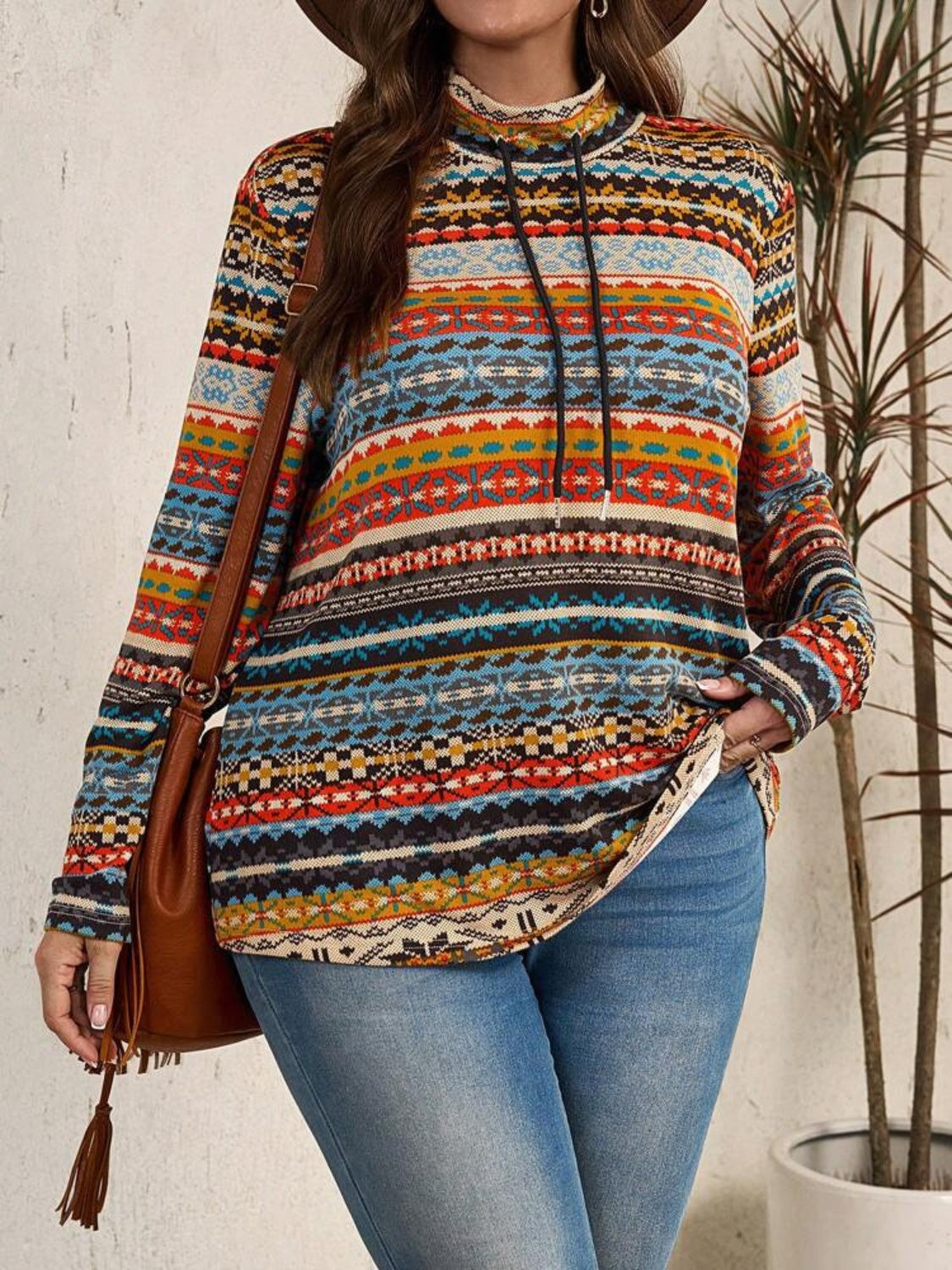 Plus Size Drawstring Long Sleeve Boho Top