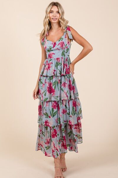 Layered Floral Sweetheart Neck Summer Maxi Dress