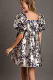 Metallic Jacquard Puff Sleeve Party Dress