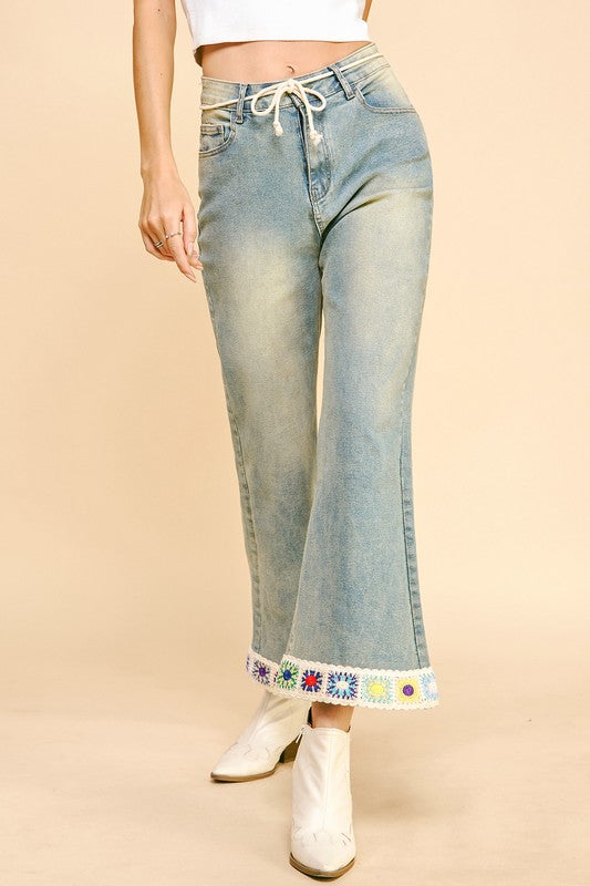 Crochet Trim Flare Boho Jeans with Pockets