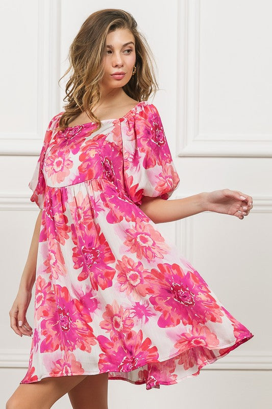 Pink Floral Square Neck Puff Sleeve Mini Summer Dress