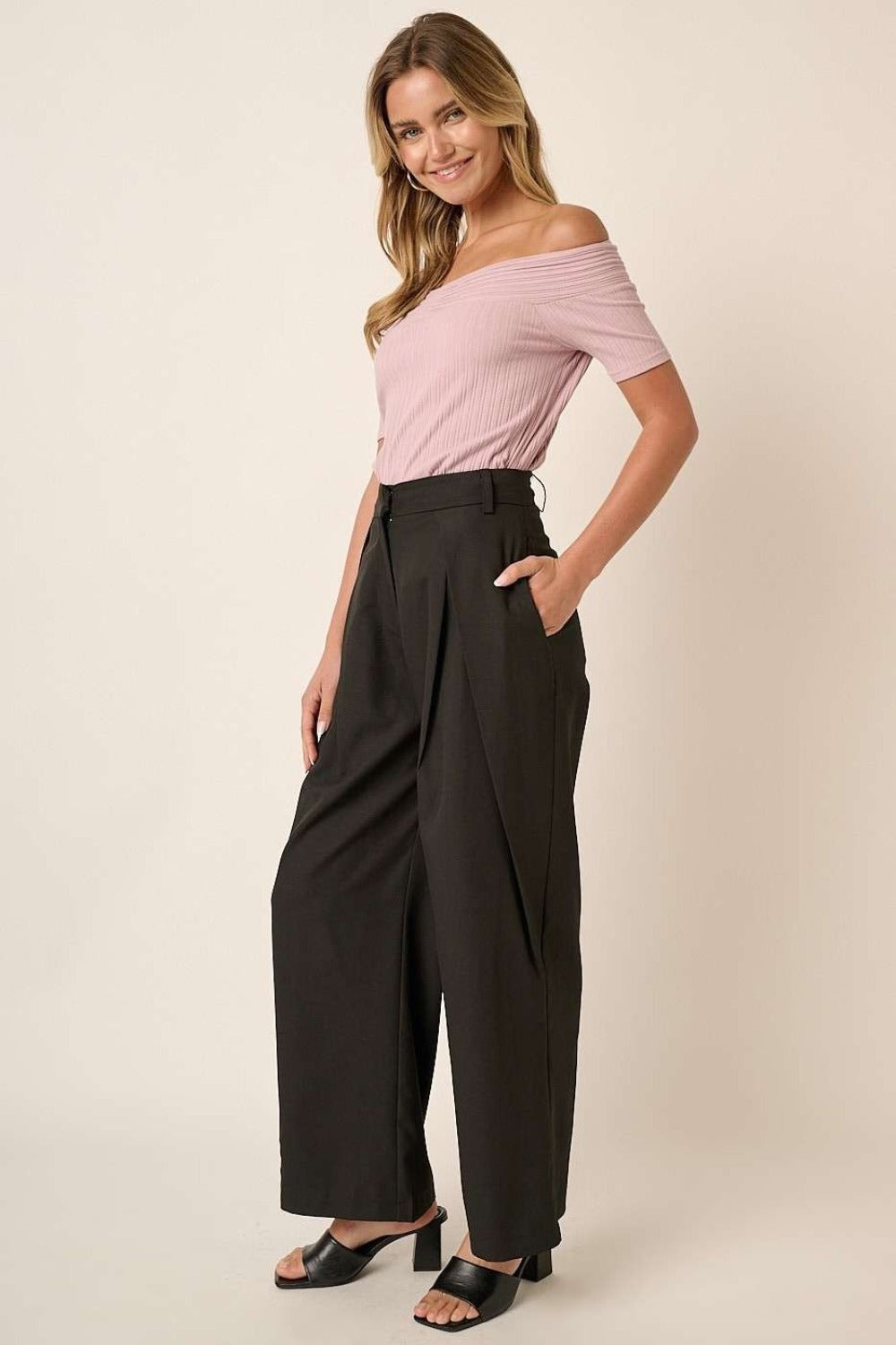 Deep Pleated High Waisted Wide Leg Resort Pants