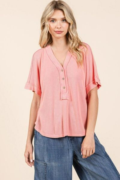 Mineral Wash Henley Short Sleeve Waffle Knit Top