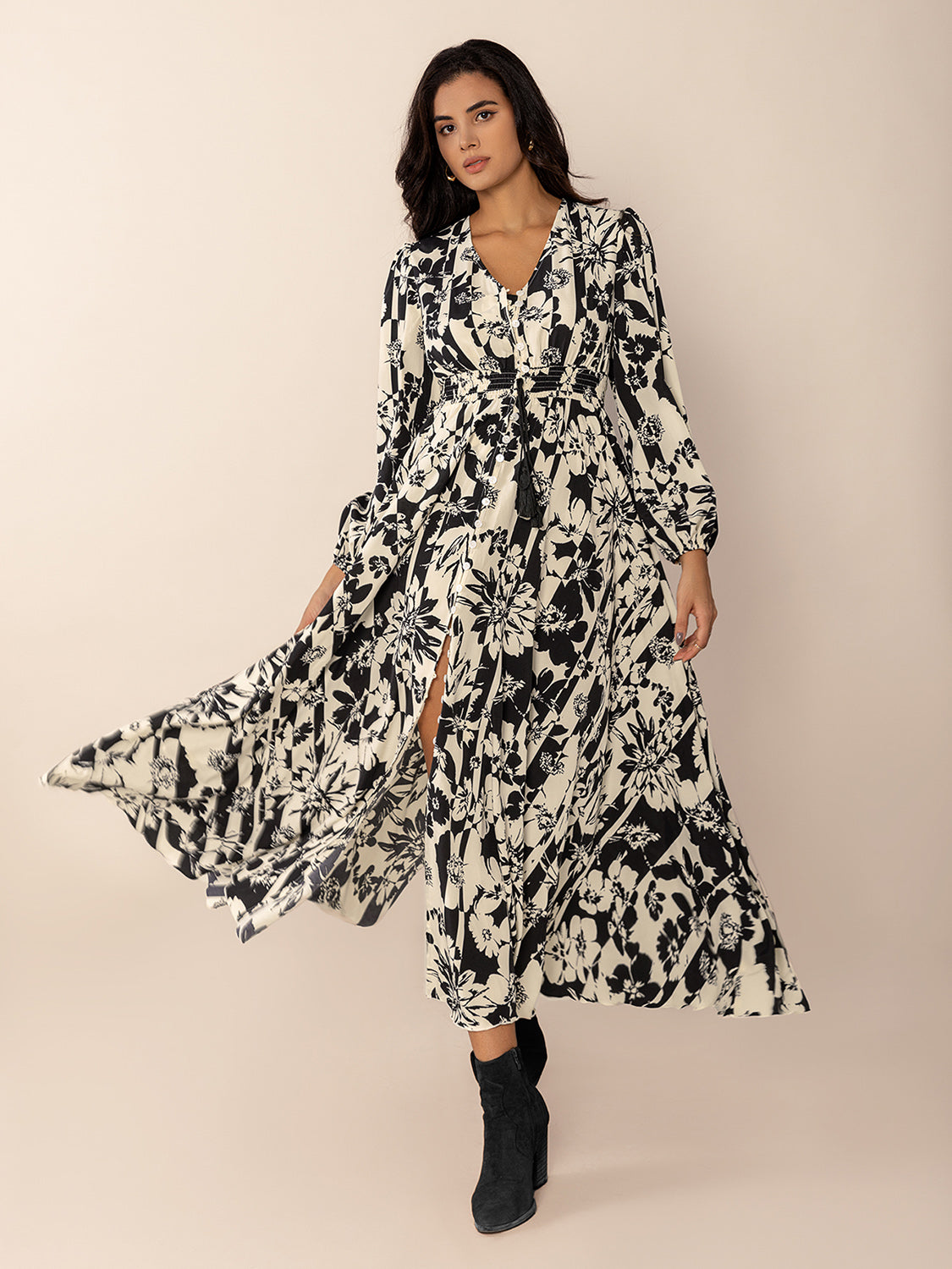 Printed V-Neck Long Sleeve Midi Dress