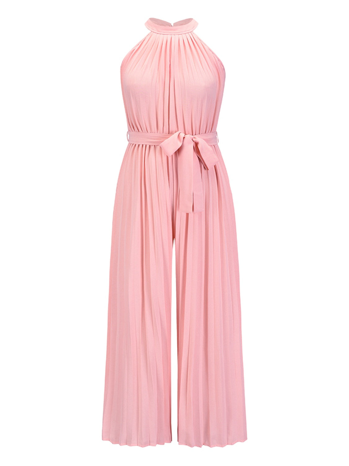 Tie Waist Pleated Sleeveless Resort Jumpsuit