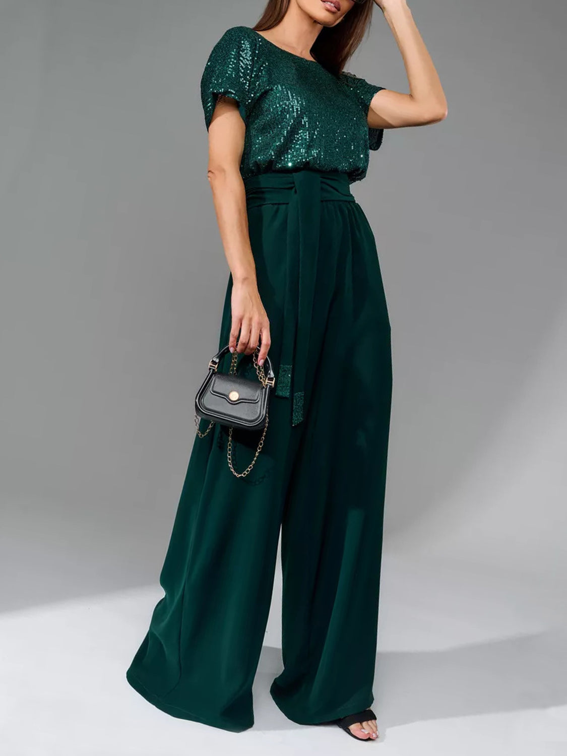 Full Size Sequin Short Sleeve Wide Leg Jumpsuit