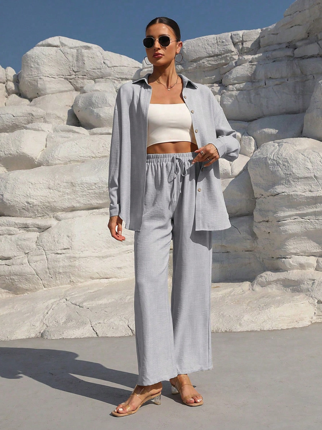 Button Up Long Sleeve Resort Top and Pants Set