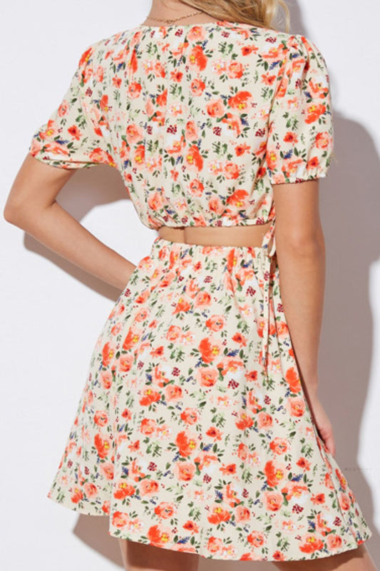 Floral Cutout Short Puff Sleeve Summer Dress