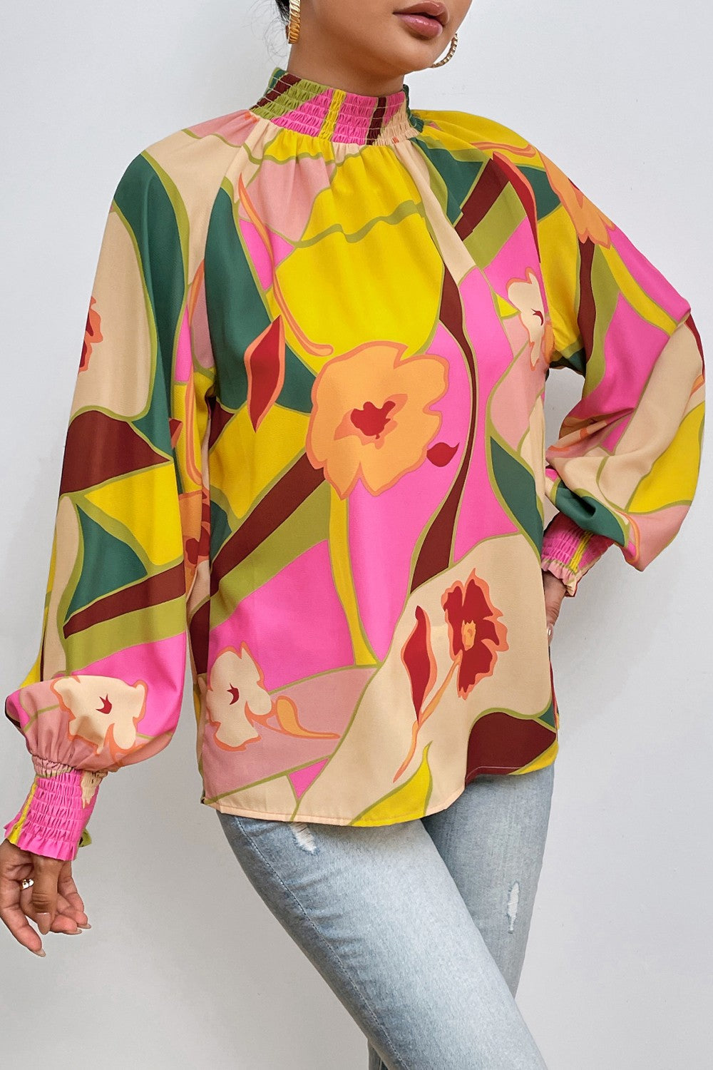 Floral Lantern Sleeve Mock Neck Resort Blouse