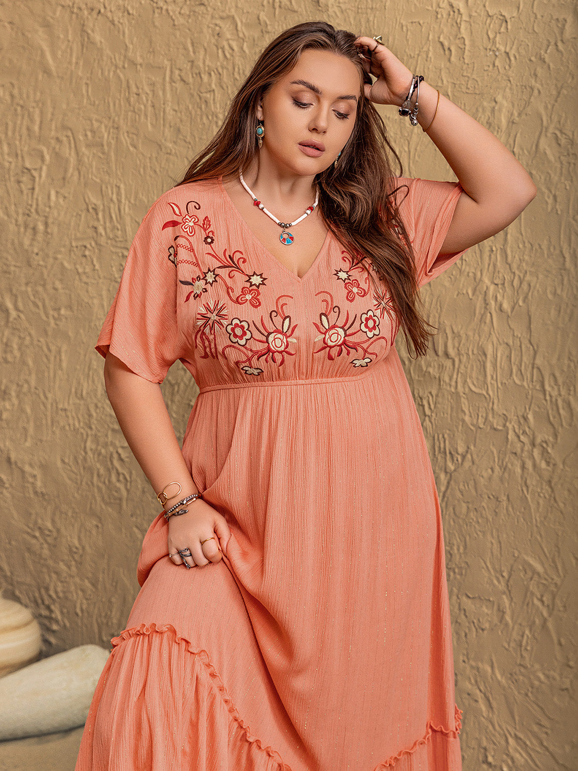 Plus Size Frill Embroidered V-Neck Half Sleeve Resort Maxi Dress