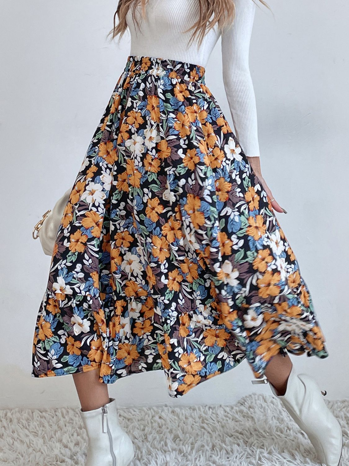 Printed Elastic Waist Leopard Skirt