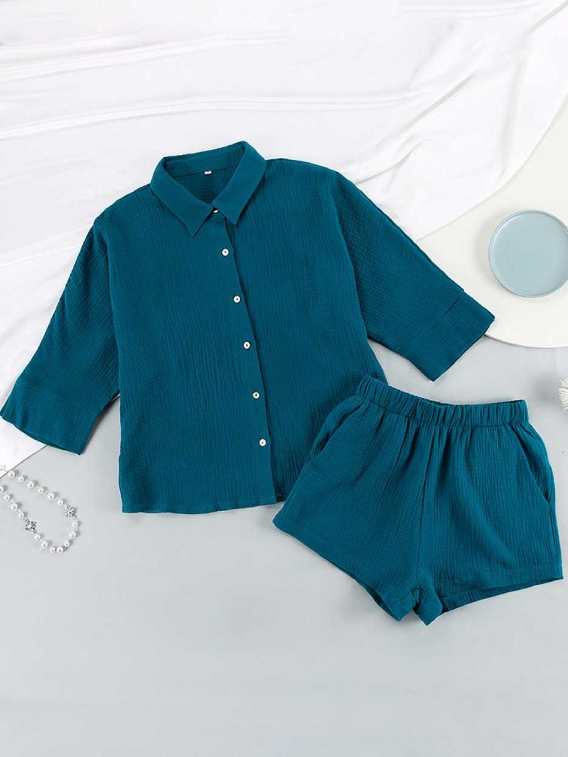 Texture Button Up Resort Shirt and Shorts Set