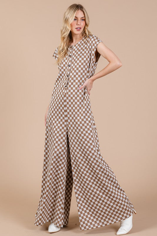 Checkered Half Button Cap Sleeve Resort Jumpsuit