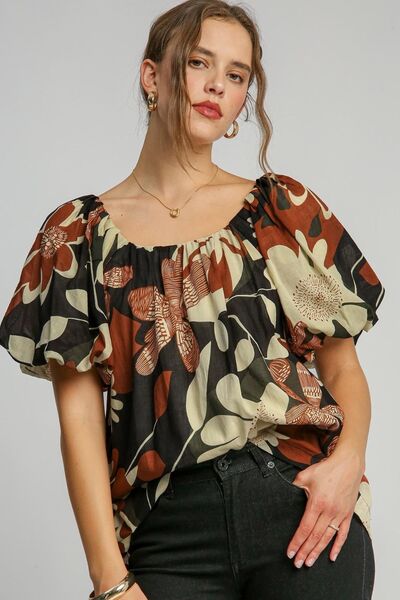 Full Size Brown Florals Puff Sleeve Resort Top