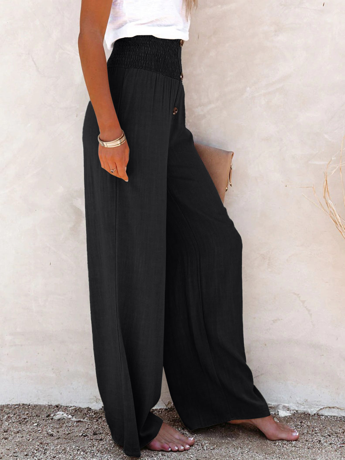 Full Size Decorative Button High Waist Resort Pants