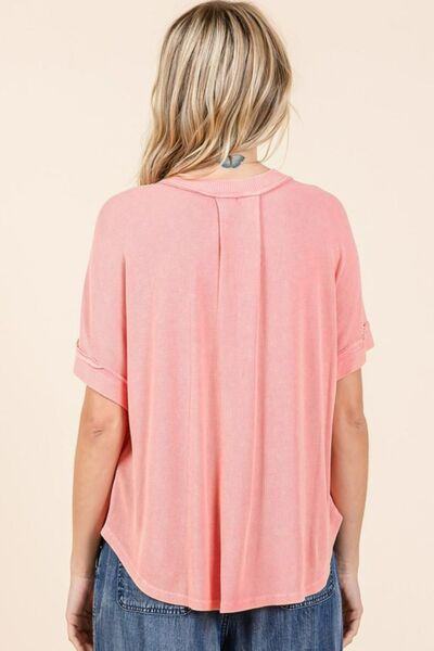 Mineral Wash Henley Short Sleeve Waffle Knit Top