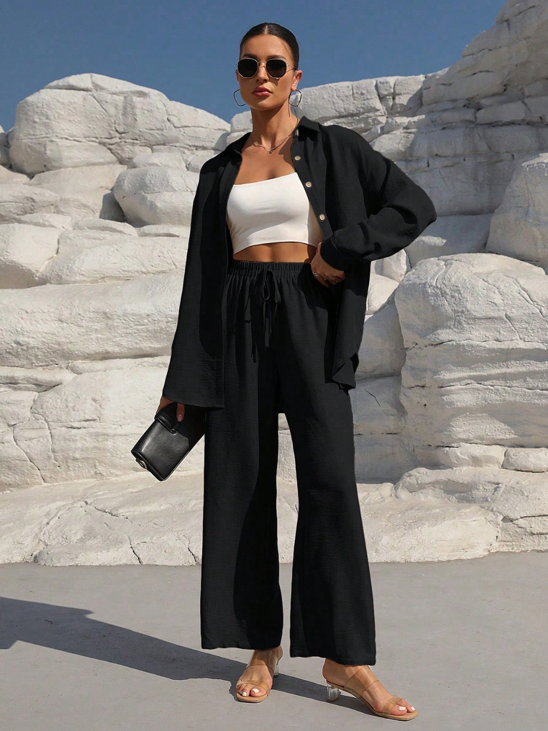 Button Up Long Sleeve Resort Top and Pants Set