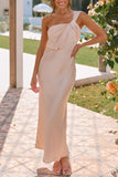 Eggshell Ruched Single Shoulder Sleeveless Maxi Dress