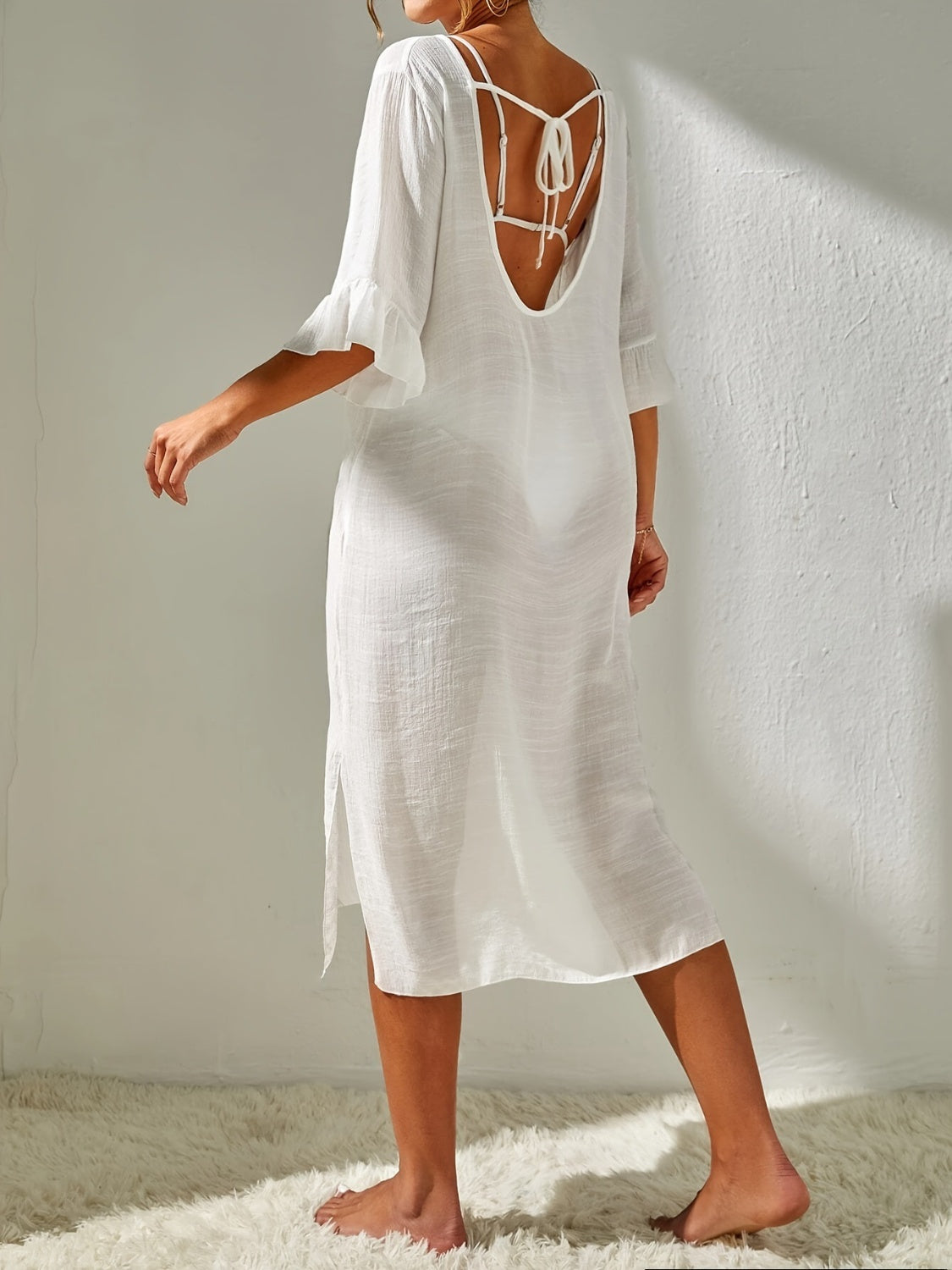 Slit V-Neck Flounce Sleeve Beach Cover-Up