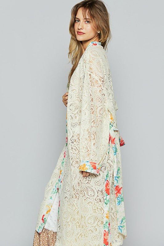 POL Floral Trim Lace Open Front Longline Cardigan