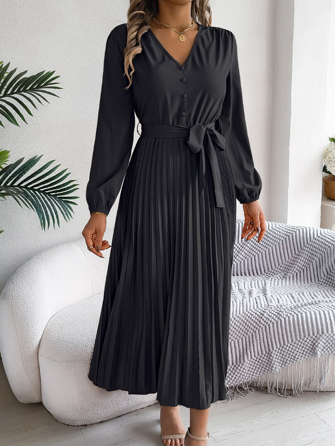 Pleated Tied V-Neck Long Sleeve Midi Dress