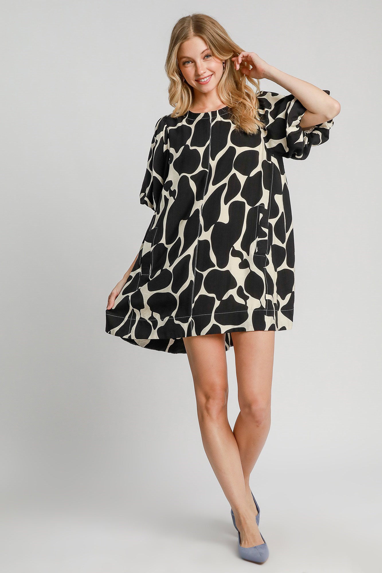 Full Size Two Tone Abstract Print Puff Sleeve Dress Plus Size