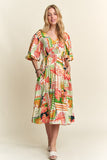 Tropical Puff Sleeve Resort Vacation Midi Dress