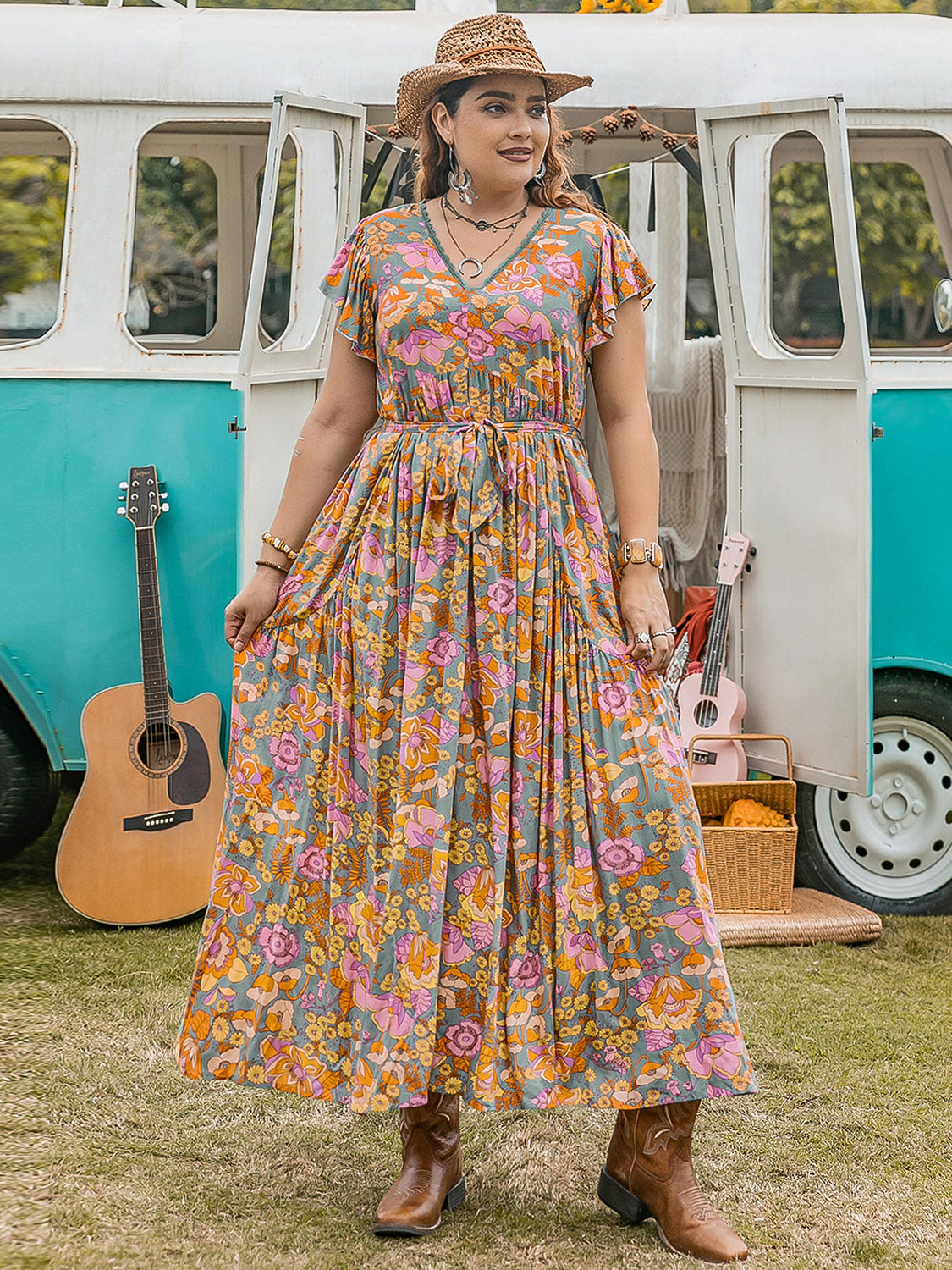 Plus Size Ruffled Printed Cap Sleeve Maxi Dress