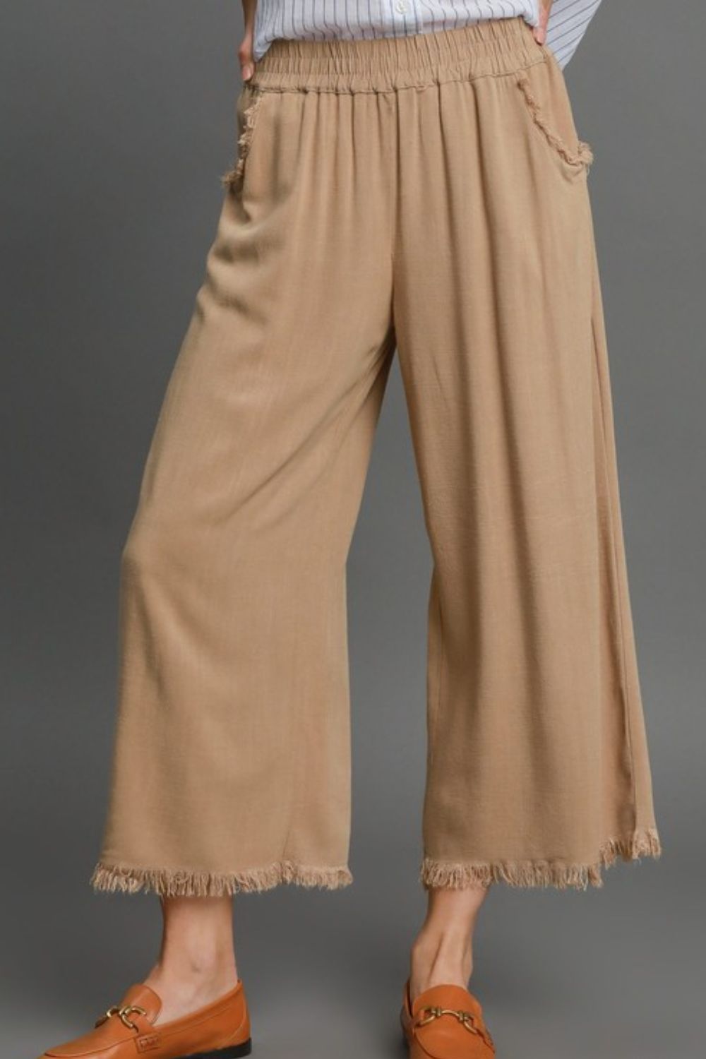 Full Size Linen Blend Elastic Waistband Wide Leg Resort Pants