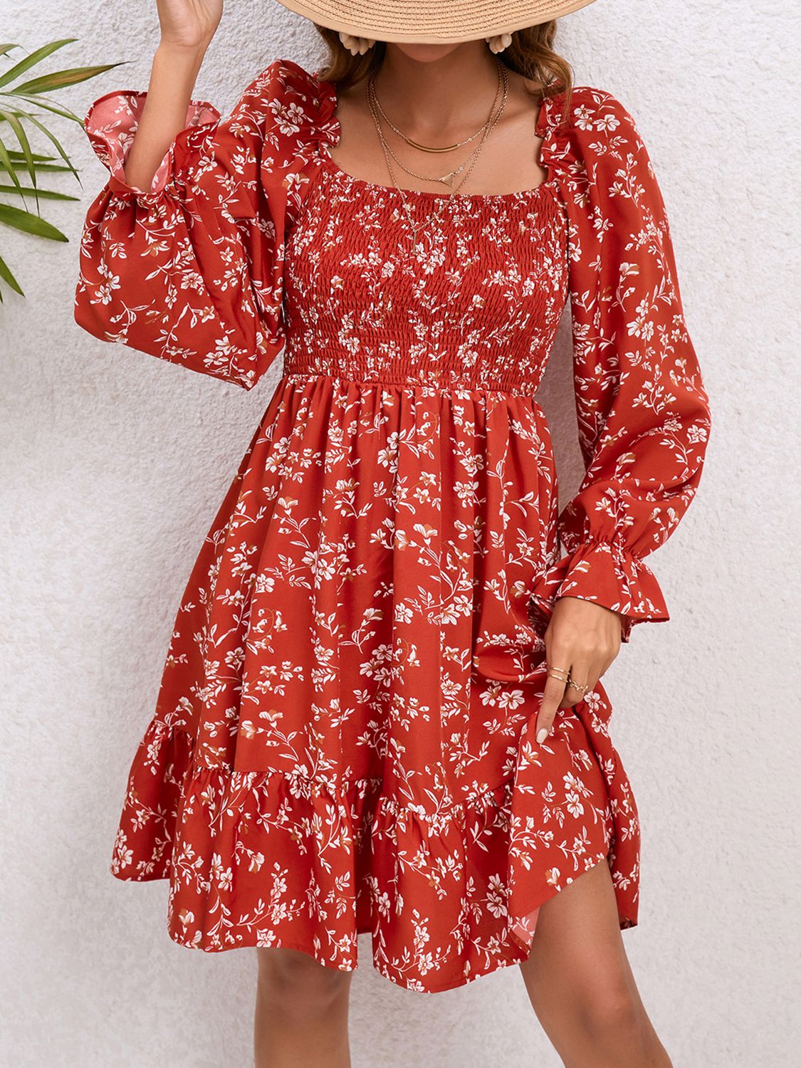 Red Balloon Sleeve Floral Summer Dress