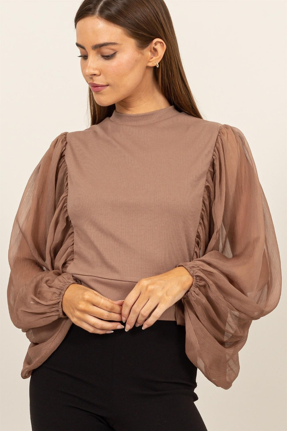 Sheer Long Sleeve Mock Neck Blouse