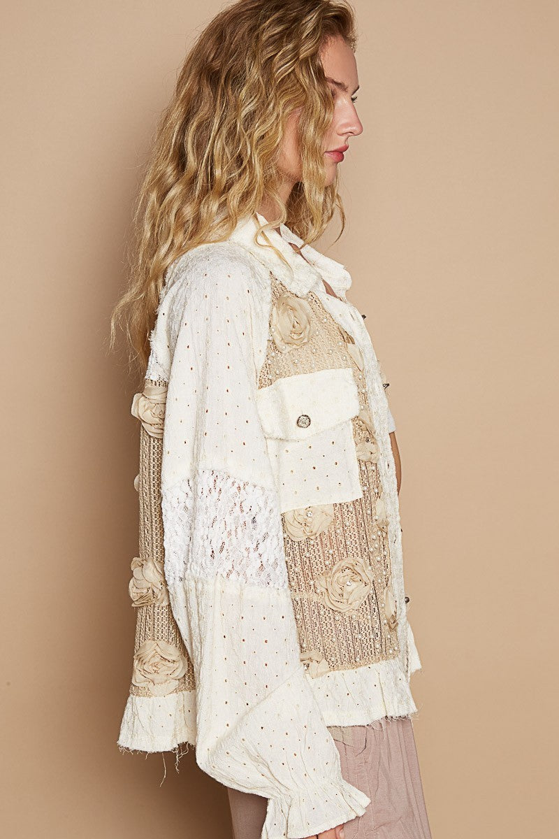 Romantic Pearl Detail Lace Patchwork Boho Shirt