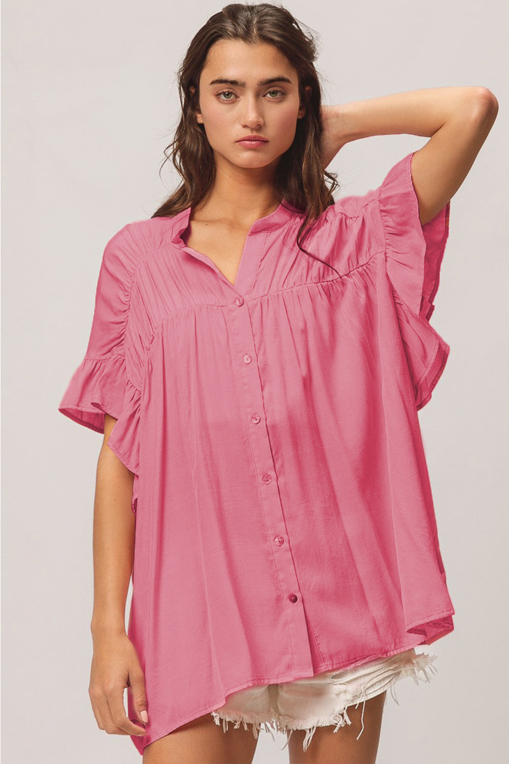 Ruffled Pink Shirred Ruffled Button-Down Shirt