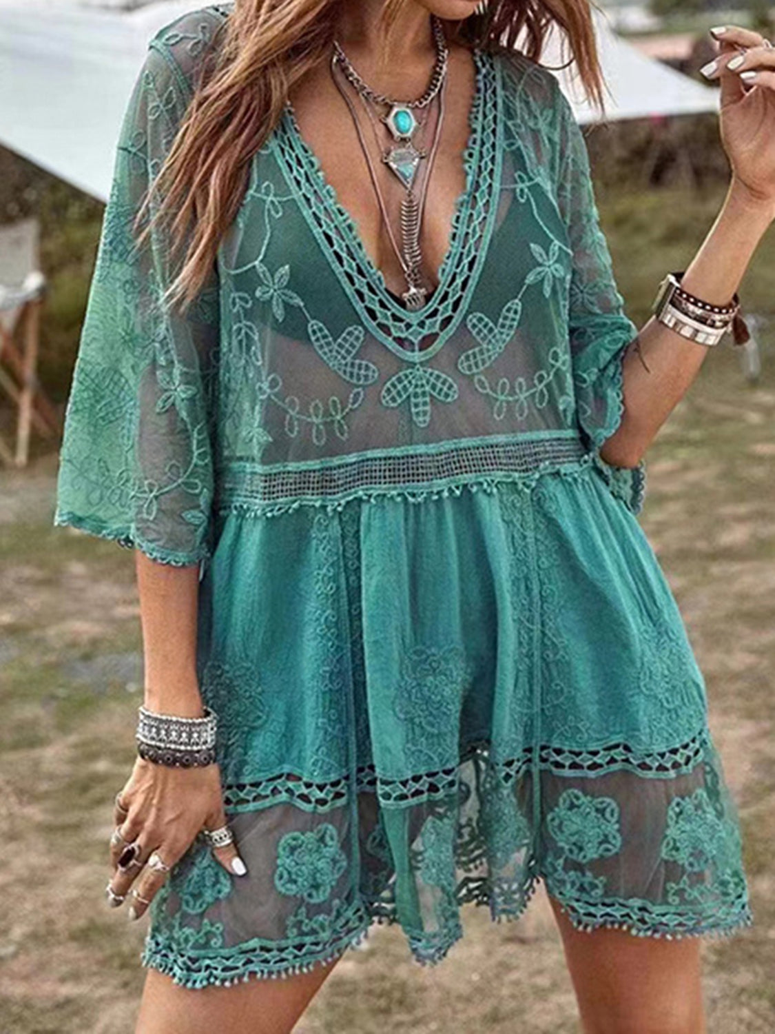 Lace Detail Plunge Cover-Up Beach Dress