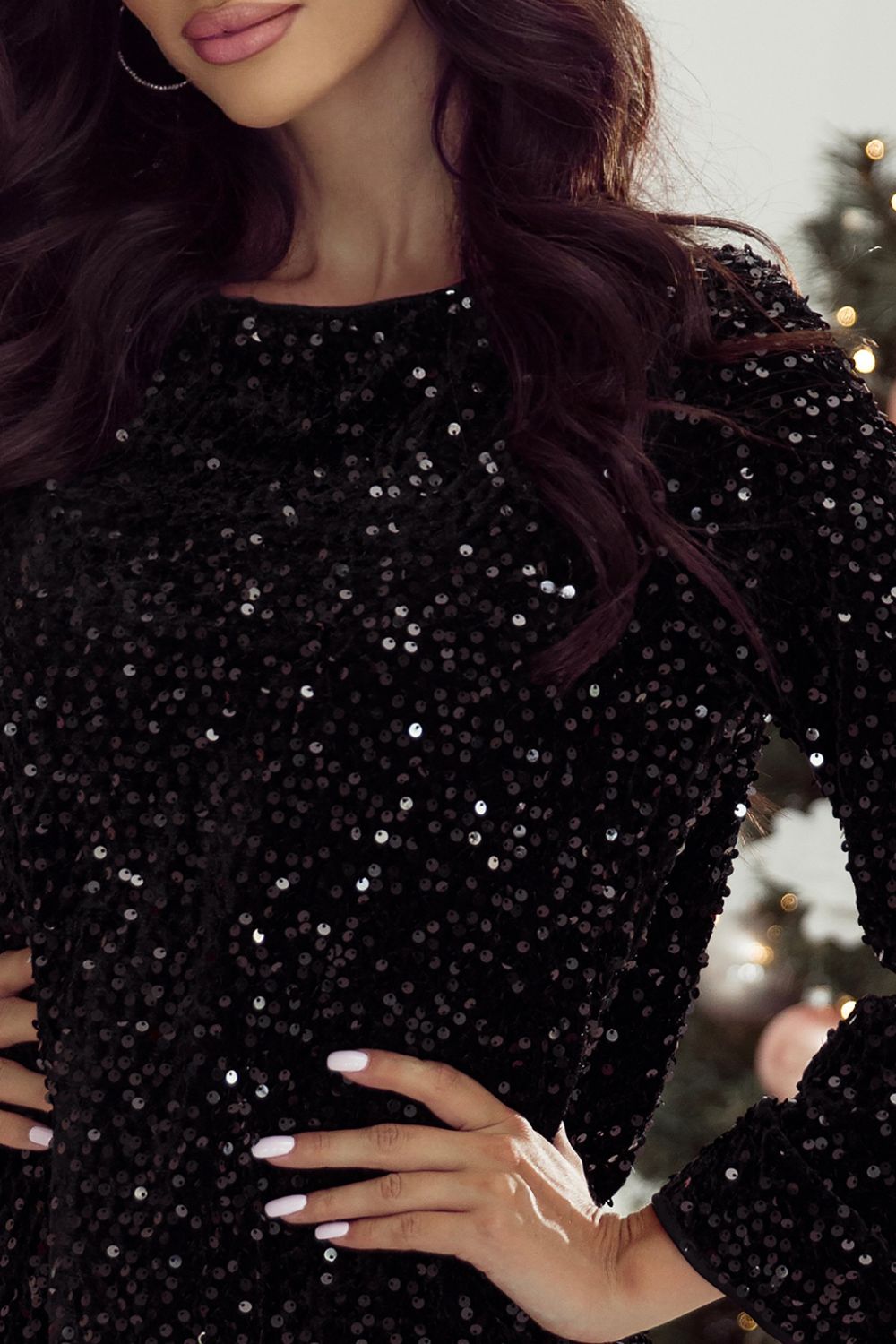 Sequin Bow Back Long Sleeve Mini Black Cocktail Dress