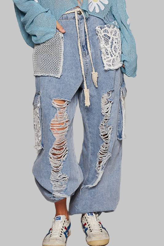 BOHO Crochet Patch Distressed Washed Jeans