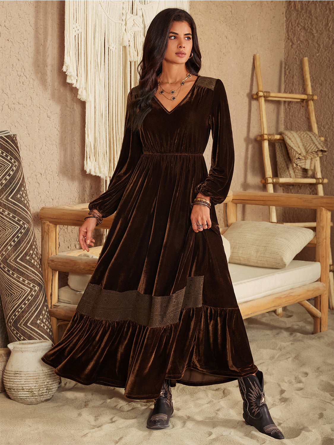 Ruffled V-Neck Long Sleeve Black Boho Maxi Dress