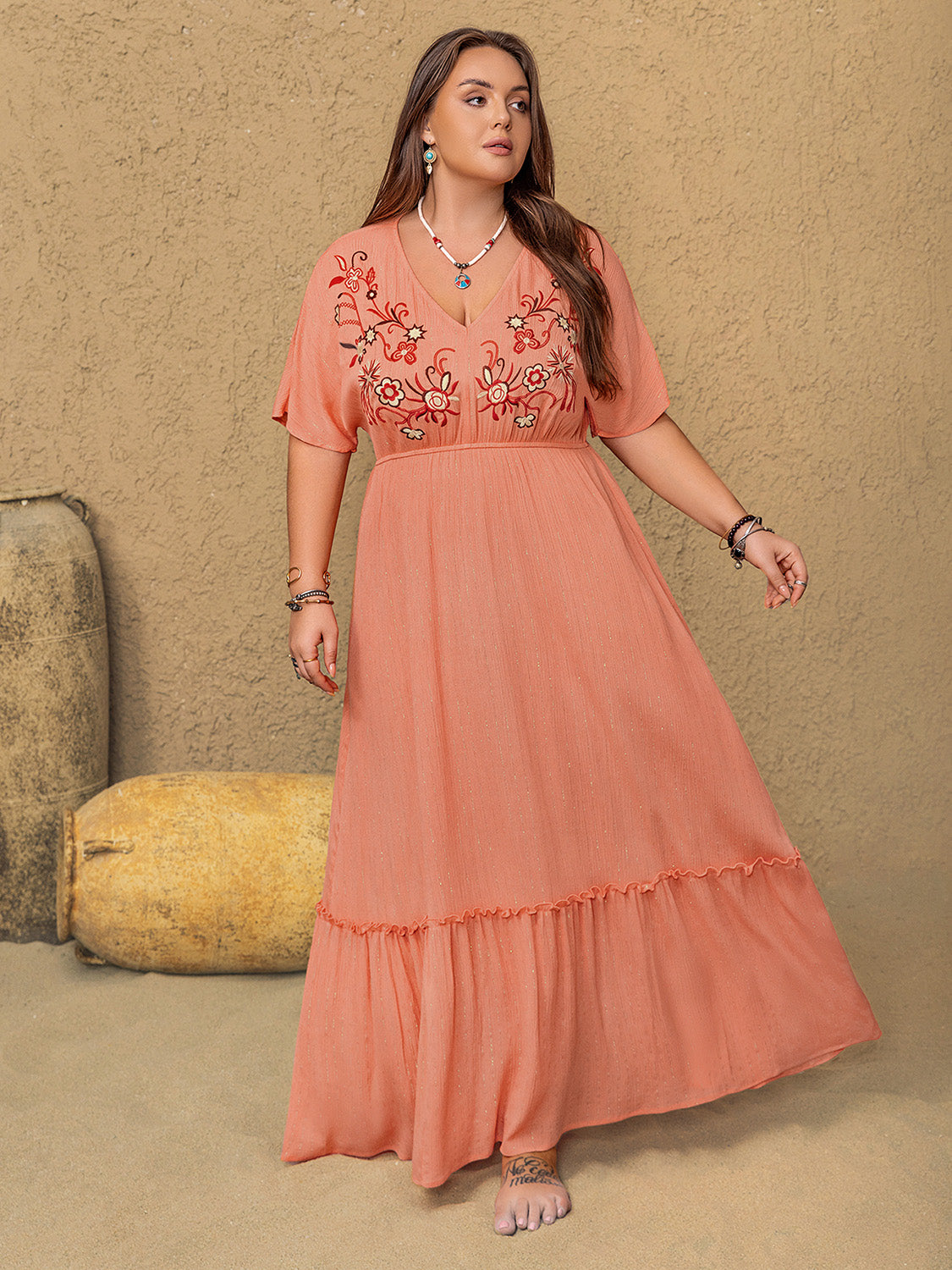 Plus Size Frill Embroidered V-Neck Half Sleeve Resort Maxi Dress