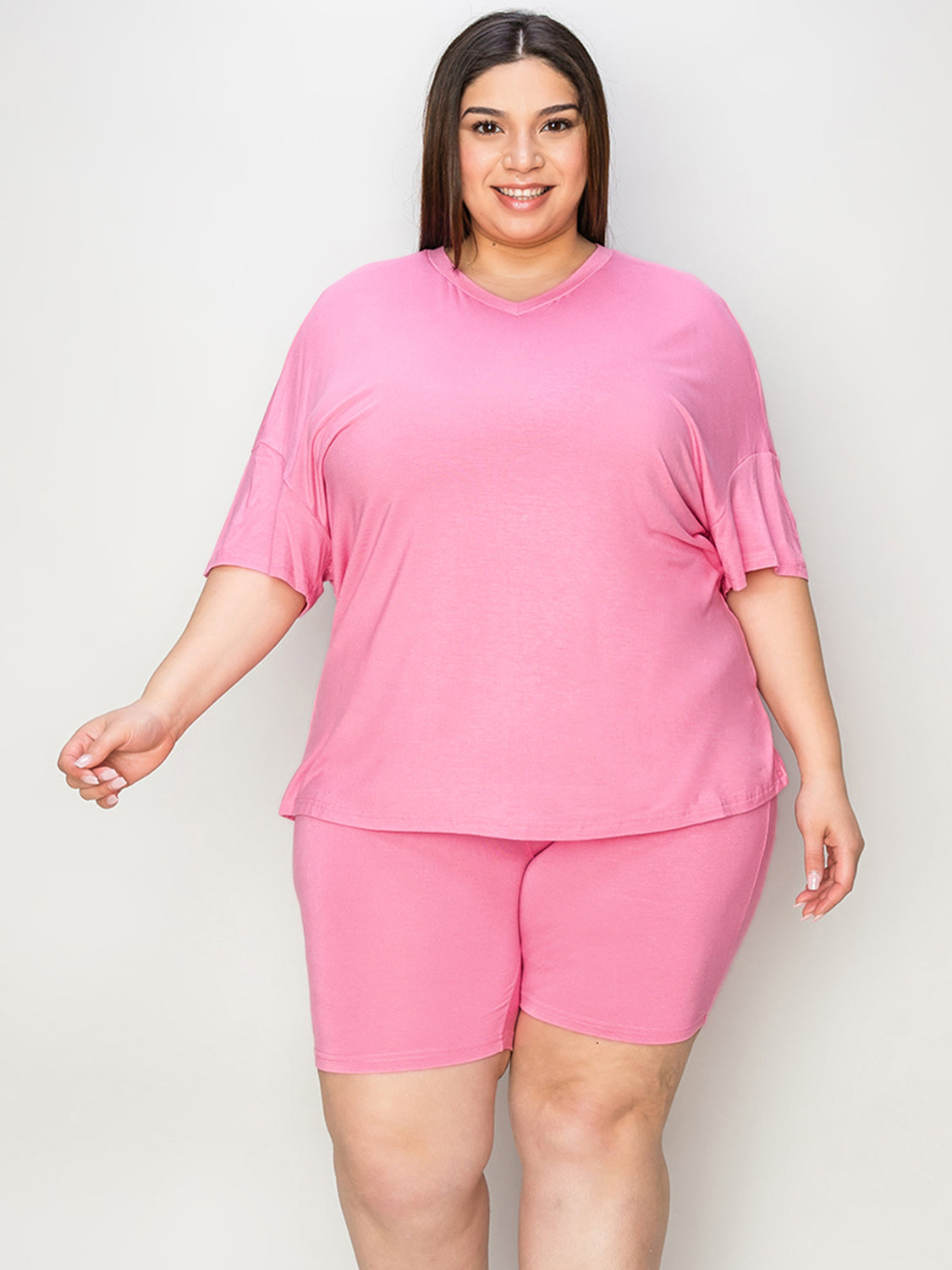 Plus Size V-Neck Drop Shoulder T-Shirt and Shorts Set