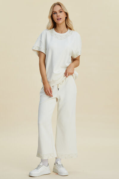 Full Size Pearl Detail Resort Top and Pants Set