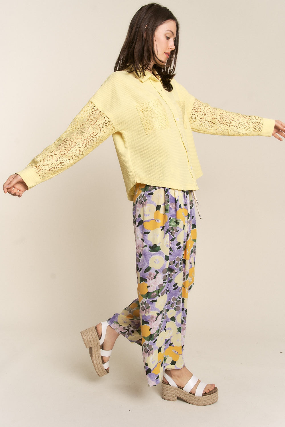 Button Down Yellow Lace Long Sleeve Waffle Shirt