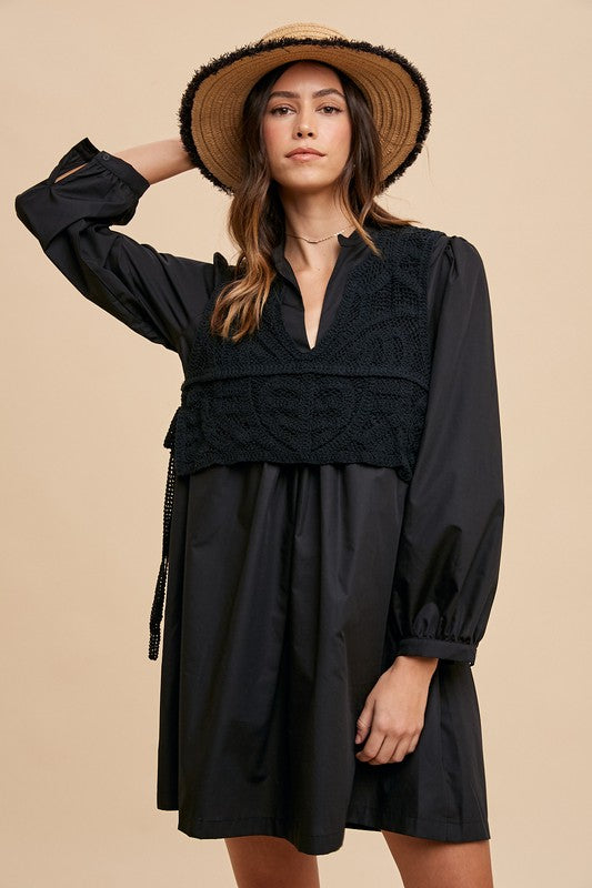 Crochet Vest Notched Long Sleeve Shirt Black Resort Dress