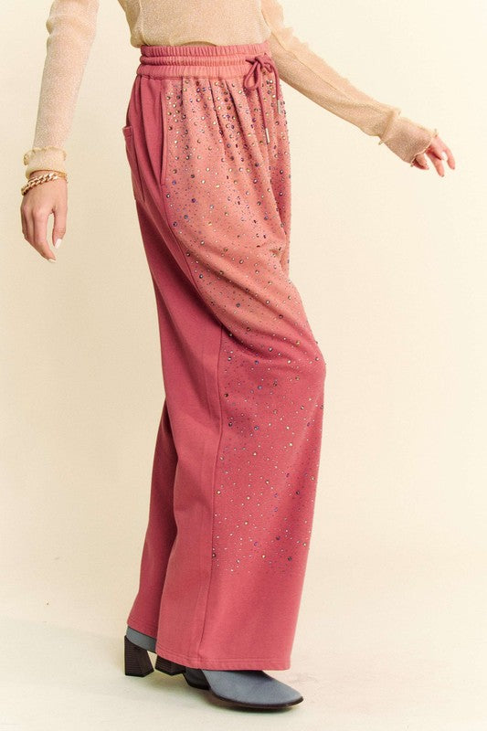 Rhinestone Drawstring Wide Leg Pants