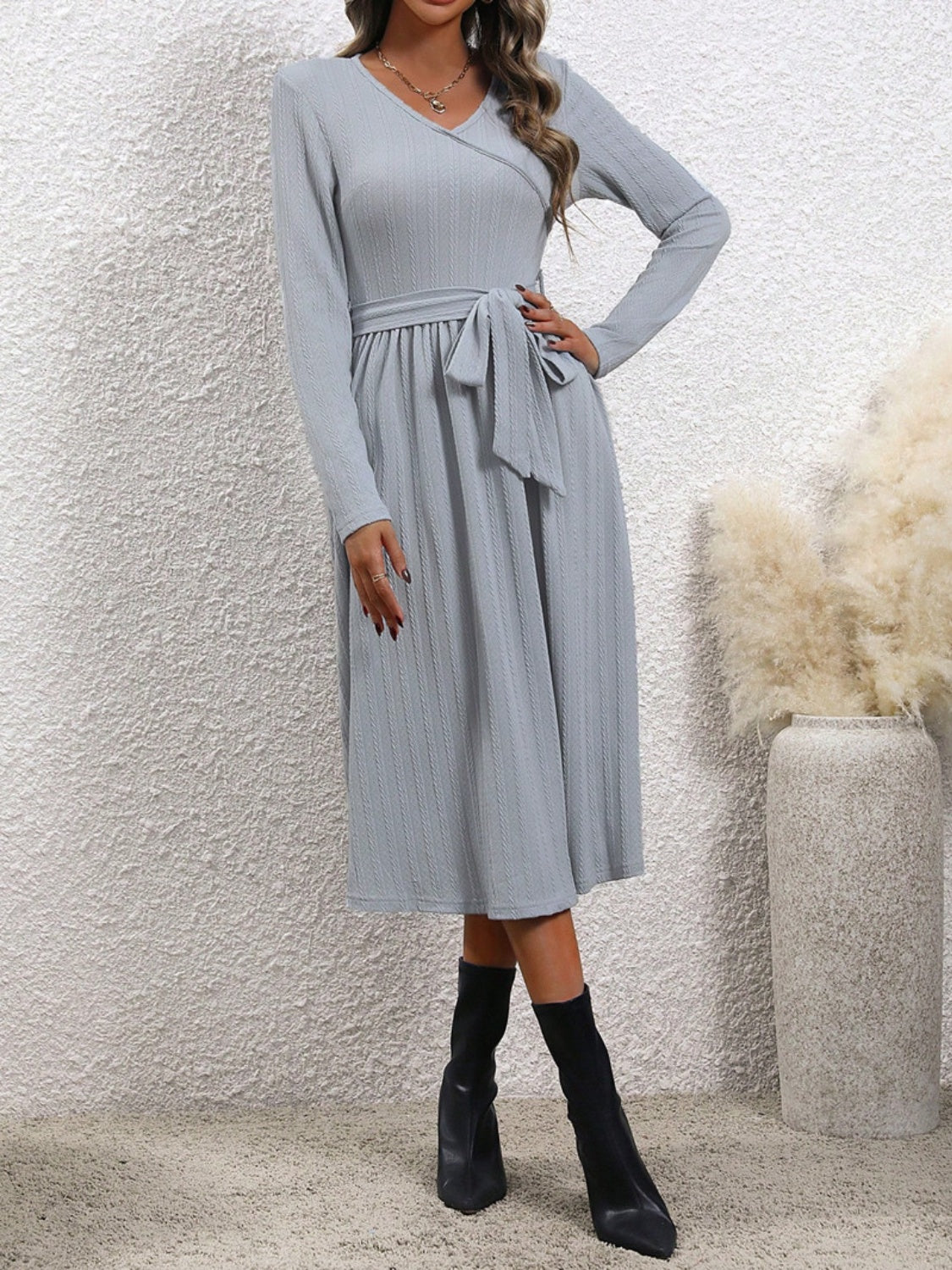 Tie Waist Long Sleeve Midi Dress