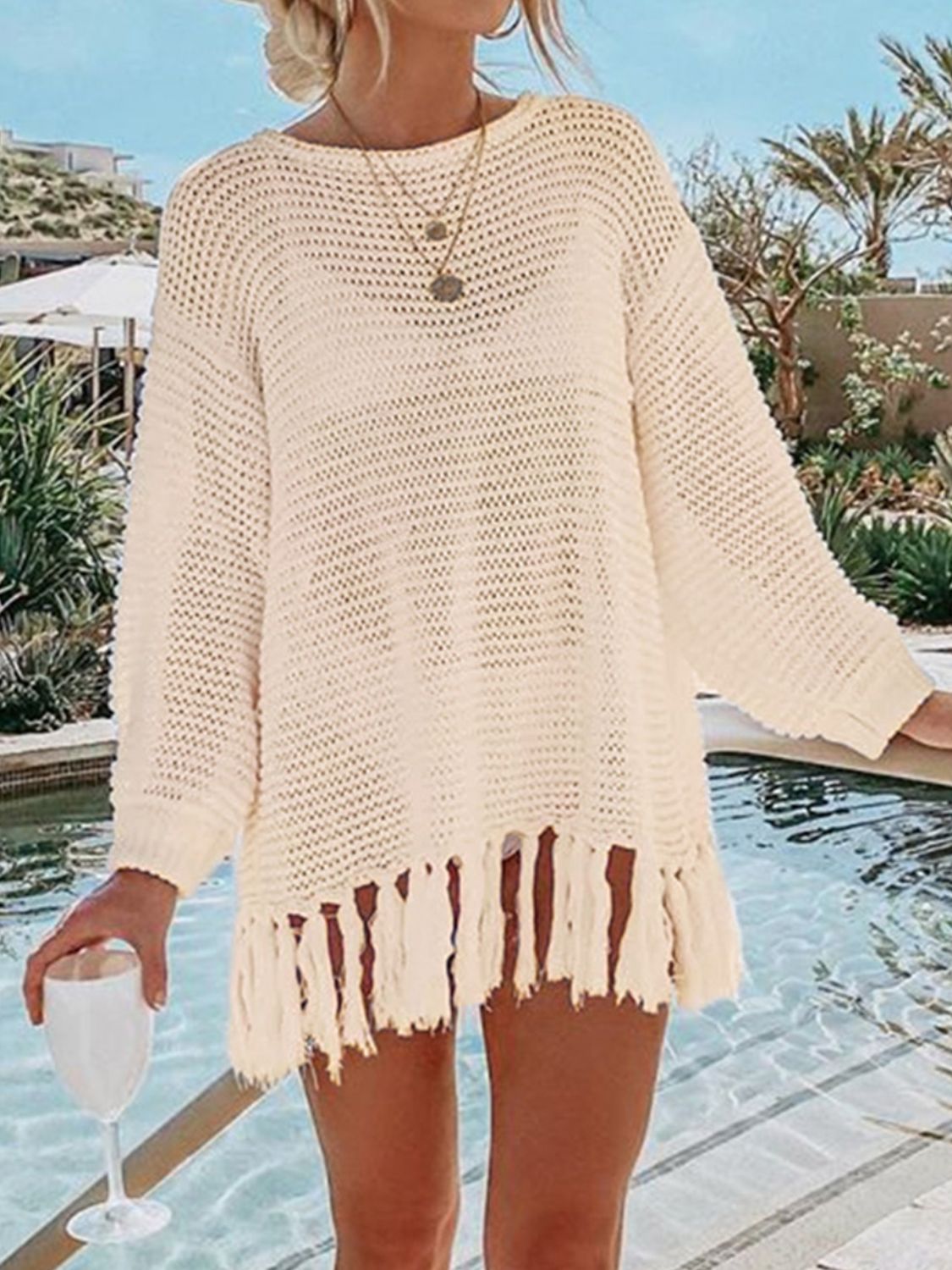 Tassel Hem Long Sleeve Knit Beach Cover Up